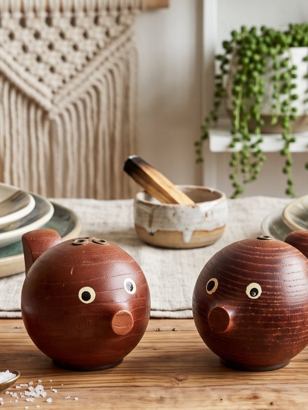 Vintage Wooden Blowfish Salt & Pepper Shakers Hand Carved MCM Fish Kitchen Decor